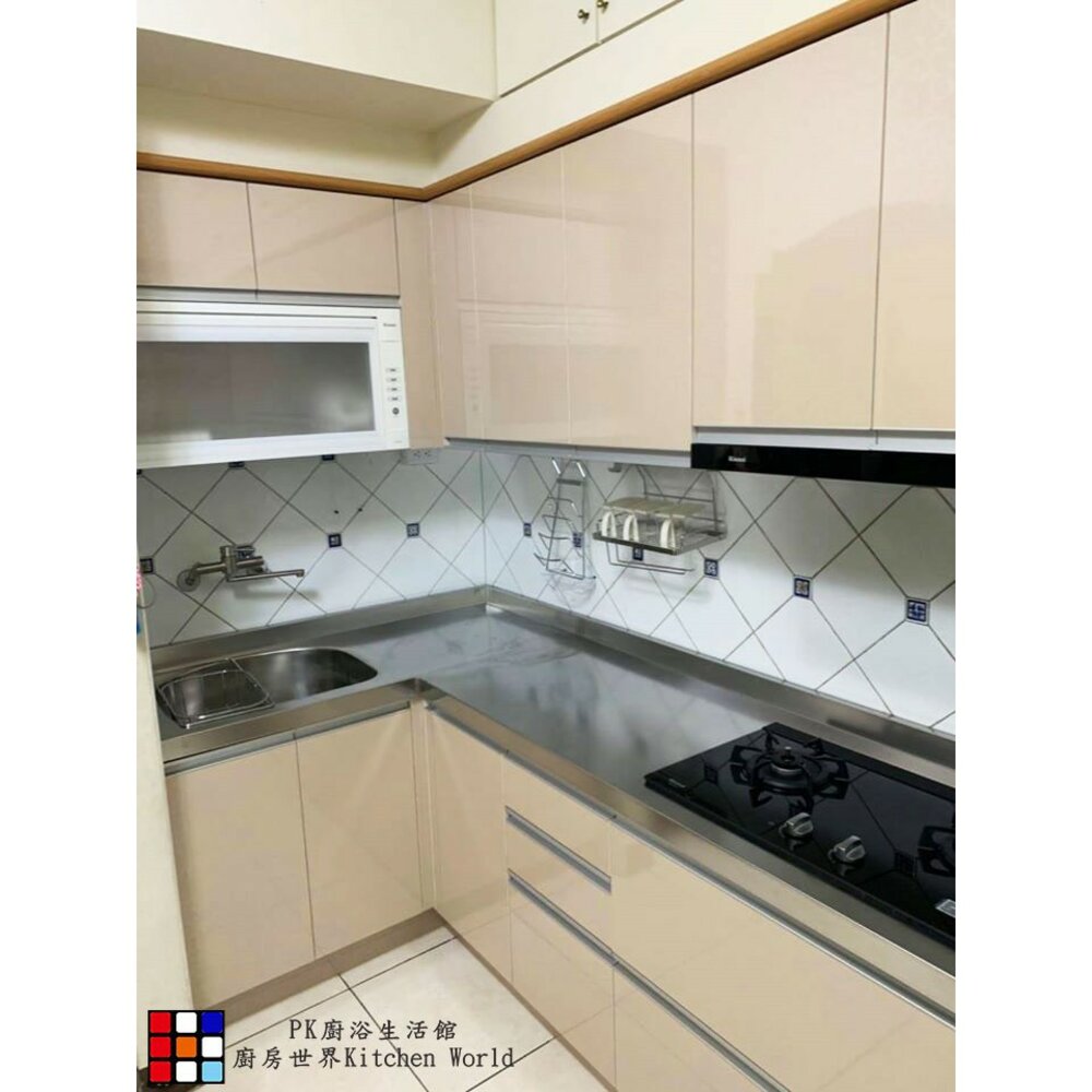 002888-高雄系統廚具 廚房設計 客製化 廚櫃 工廠直營 L型流理台 242公分 美耐門板 搭林內牌排油煙機 瓦斯爐